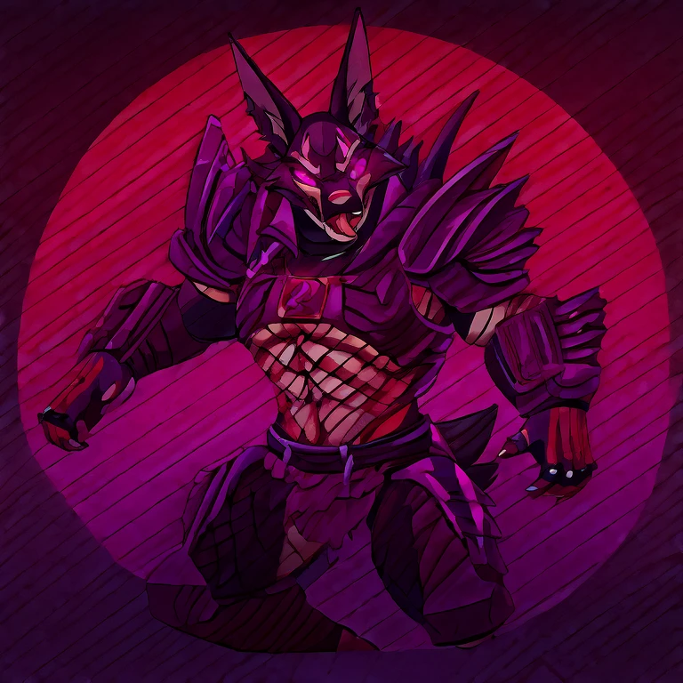 (masterpiece, best quality:1.2), Vortex Anubis hellhound, wolf, furry, helluva boss, hypnotized with glowing purple eyes, tongue out, wearing predator futuristic armor, using a Pulse Rifle, Energy Rifle, Futuristic assault rifle, dancing ridiculously