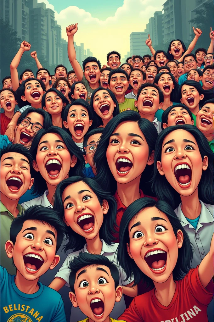 editorial cartooning of filipino people smiling and screaming 