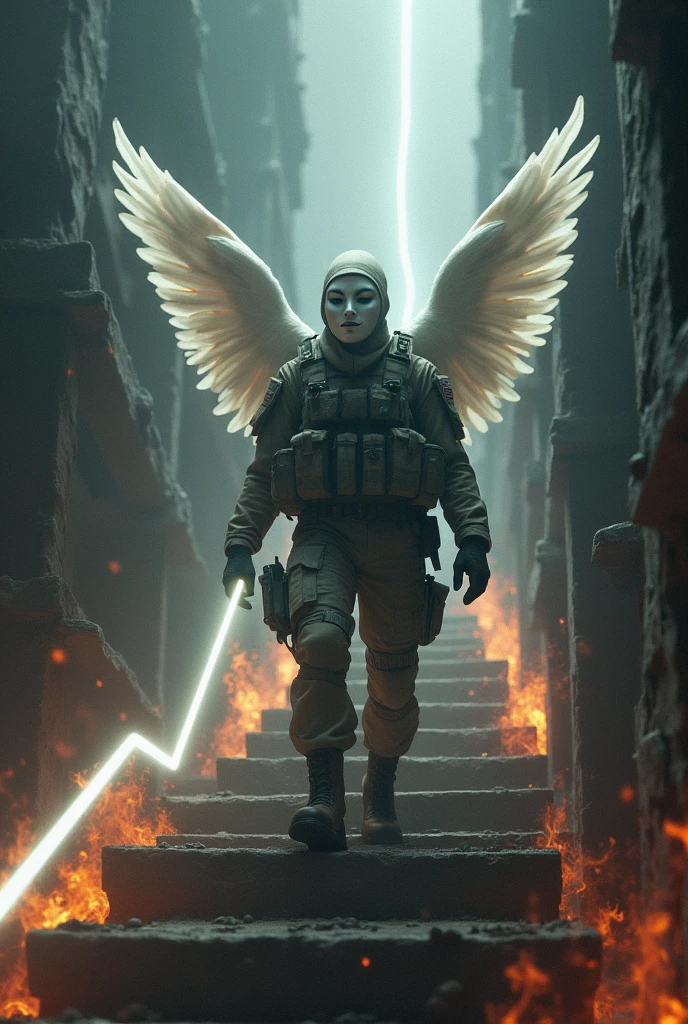 United states Army Soldier with a holy white mask and wings on his back going into hell using stairs with a glowing white rope from heaven attached to him