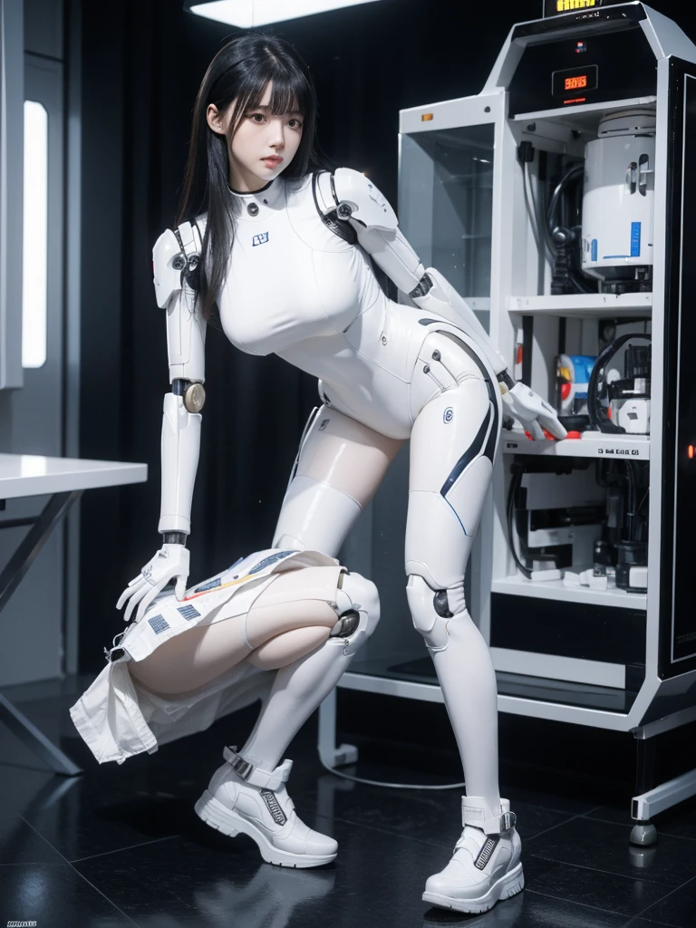 masterpiece, Highest quality, Very detailed, (8k, 4K, Highest quality, High resolution, 超High resolution:1.1), (Tabletop, Realistic, Photorealistic:1.1)Japanese anDroid woman,Plump ,Control panel,Activation,Squat,anDroid,Droid,Mechanical Hand,Robotic arms and legs, Black Robot Parts,Black Hair,Dark black knee-high socks,Black sponge joint,Blunt bangs,White robot body,Ceramic body,Jockey Boots,Perfect Cyborg Girl,Standing with legs apart,Are fat,