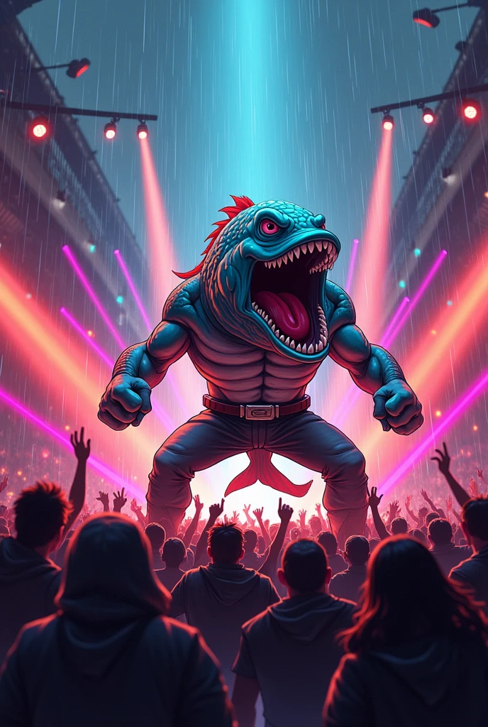 strong cartoon fish singing heavy metal song at rain witb many crowd watching. put some light concert laser