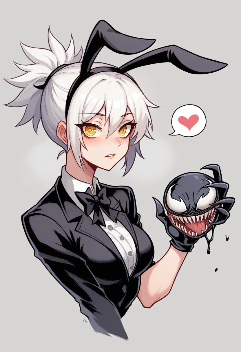 League of legends character riven in venom costume, White hair, yellow eyes, black costume, black rabbit suit, venom costume, looking at the camera, ssmile, Holding the camera, corpo sexy, Hentai Face, hentai expression, eyes of the heart, hentai eyes, heart shaped iris of eyes, Ponytail hairstyle