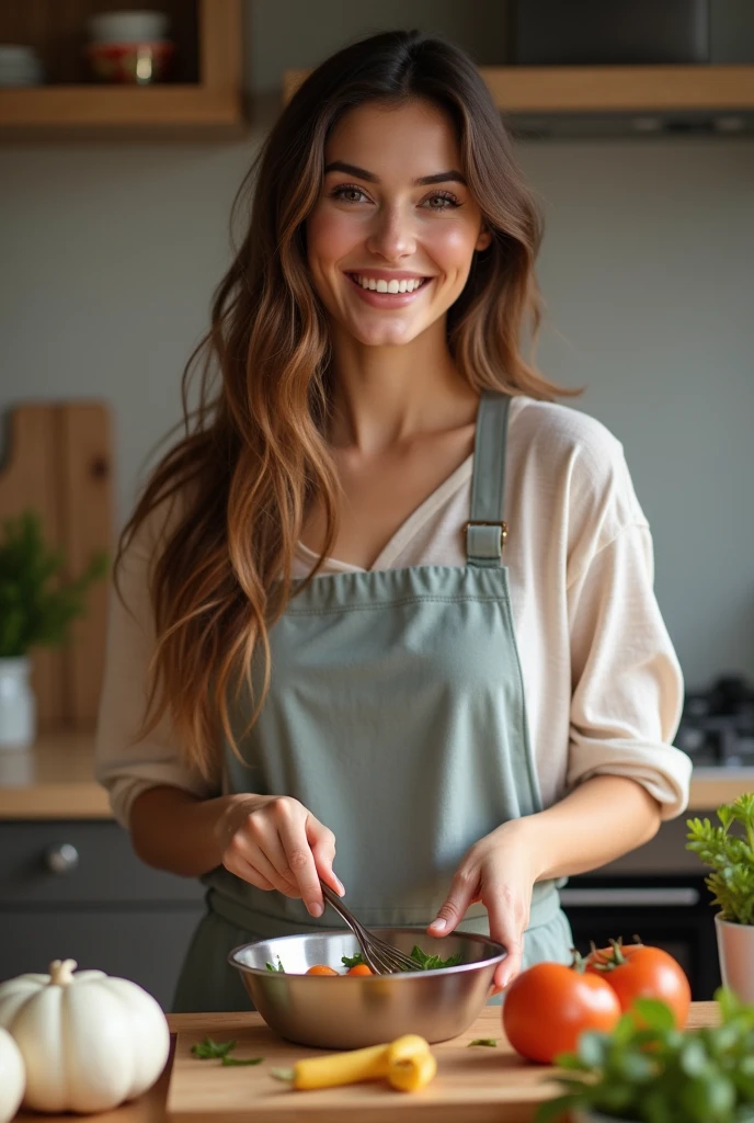 "Photorealistic young woman cooking, beautiful face, soft skin, natural makeup, long silky hair, bright eyes, genuine smile, wearing casual home clothes, in modern kitchen, warm lighting, high detail, 8k resolution, professional photography"