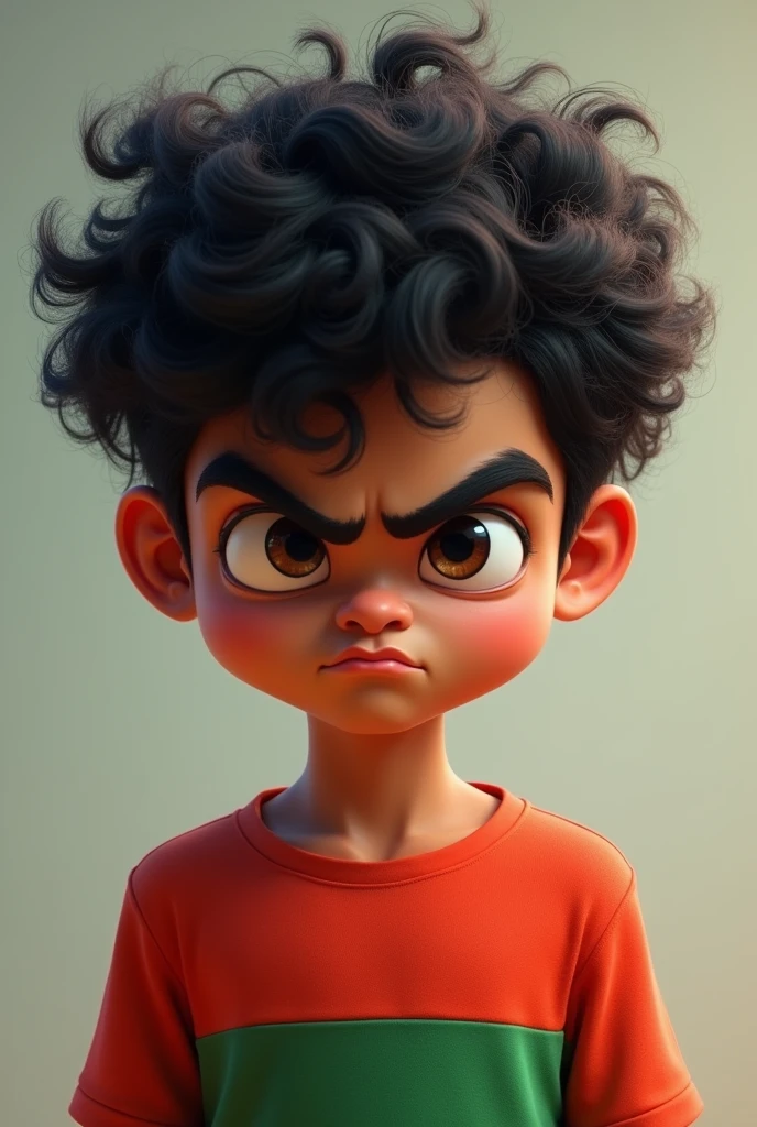 small curly hair tshirt red and green color small angree face round face and Indian face