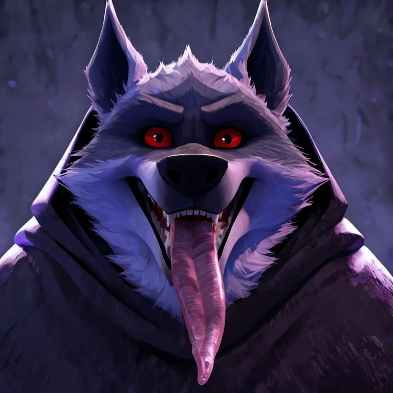 Death (Puss in Boots: The Last Wish), DreamWorks Animation, 2D, Looking at viewer, Open Mouth, Tongue Out, Long Tongue, Wide-Eyed, Wolf Ears, Anatomically Correct, Seductive Smile, Grabbing tongue with hand, Saliva Trail, Raised Eyebrow, Oral Invitation, Simple background, Character Design, Illustration, High Resolution, Super Detailed, Textured Skin, Eye Level Shot, Single Shot, Medium Close Up