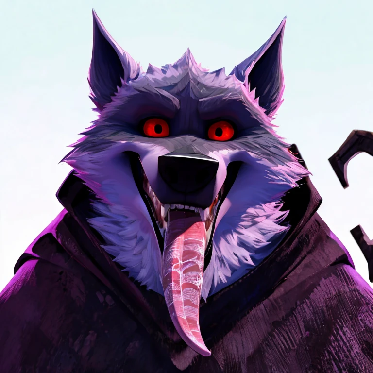 Death (Puss in Boots: The Last Wish), DreamWorks Animation, 2D, Looking at viewer, Open Mouth, Tongue Out, Long Tongue, Wide-Eyed, Wolf Ears, Anatomically Correct, Seductive Smile, Grabbing tongue with hand, Saliva Trail, Raised Eyebrow, Oral Invitation, Simple background, Character Design, Illustration, High Resolution, Super Detailed, Textured Skin, Eye Level Shot, Single Shot, Medium Close Up
