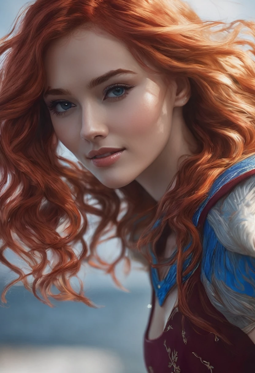 Creates a 25-year-old Russian girl with red hair, long and wavy, that cascades down to the middle of her back. Her eyes are a bright sky blue, standing out with a striking contrast against her light skin. He has an athletic and well toned body, with an upright posture that reflects confidence and strength. Her face has delicate but defined features., with high cheekbones and a radiant smile. Their style of dress is usually modern and functional., often wearing tight-fitting clothes that accentuate their athletic figure, combined with elegant details that highlight your good taste.