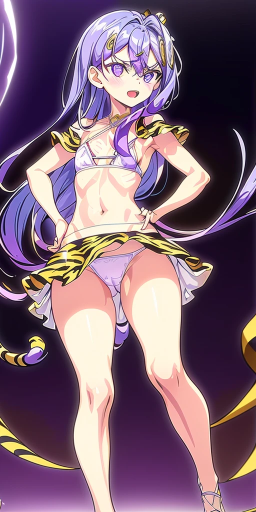 (masterpiece), best quality, intricate details, ultra details, ultra quality, rule of third (looking at viewer) detailed face, detailed iris, glossy lips, 1girl, solo, long hair, purple eyes, hair between eyes, purple hair, hair intakes, bangs, :D (full body shot wearing a yellow tiger bikini print) (clenching fists, better hands) standing full body hands on hips