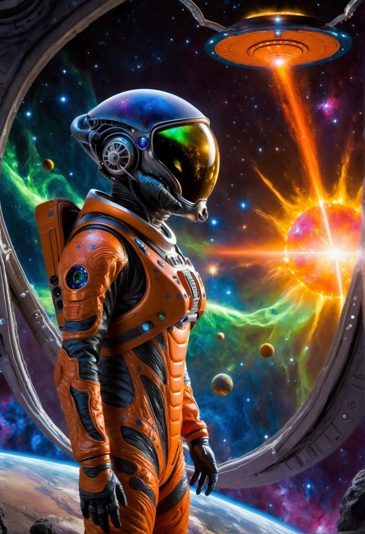 An alien wearing the most advanced technology of alien spaceship in the dark universe, a unique alien alien, dressed in an orange-studded, high-tech spacesuit, is depicted wandering in a vibrantly hued space environment. A profusion of colors from red to blue, and green to violet, embody the cosmic spectacle around the space traveler. An ethereal mix of hues is noticed as a gigantic supernova bursts, unleashing colossal energy in the background. This sublime celestial event with incandescent filaments and pulsating radiances illuminates the wonders of the infinite universe, casting a spectacular light across the panorama. This mesmerizing view celebrates the awe-inspiring beauty and mystery of space.