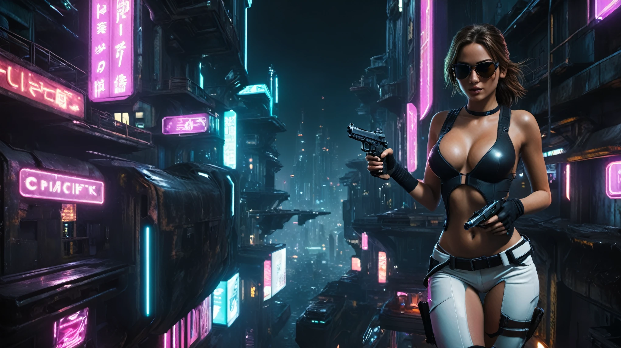 (aerial view, a flying cars docking platform, flying cars, a very dark abandoned futuristic city, neon lights), at night. A girl as Lara Croft, solo, alone, large-breast:1.2 slim body, cleavage:1.1, sexy miniskirt, (black sunglasses), (holding a pistol:1.8), dynamic pose, half-body thigh level medium shot, cinematic lighting, ray tracing.