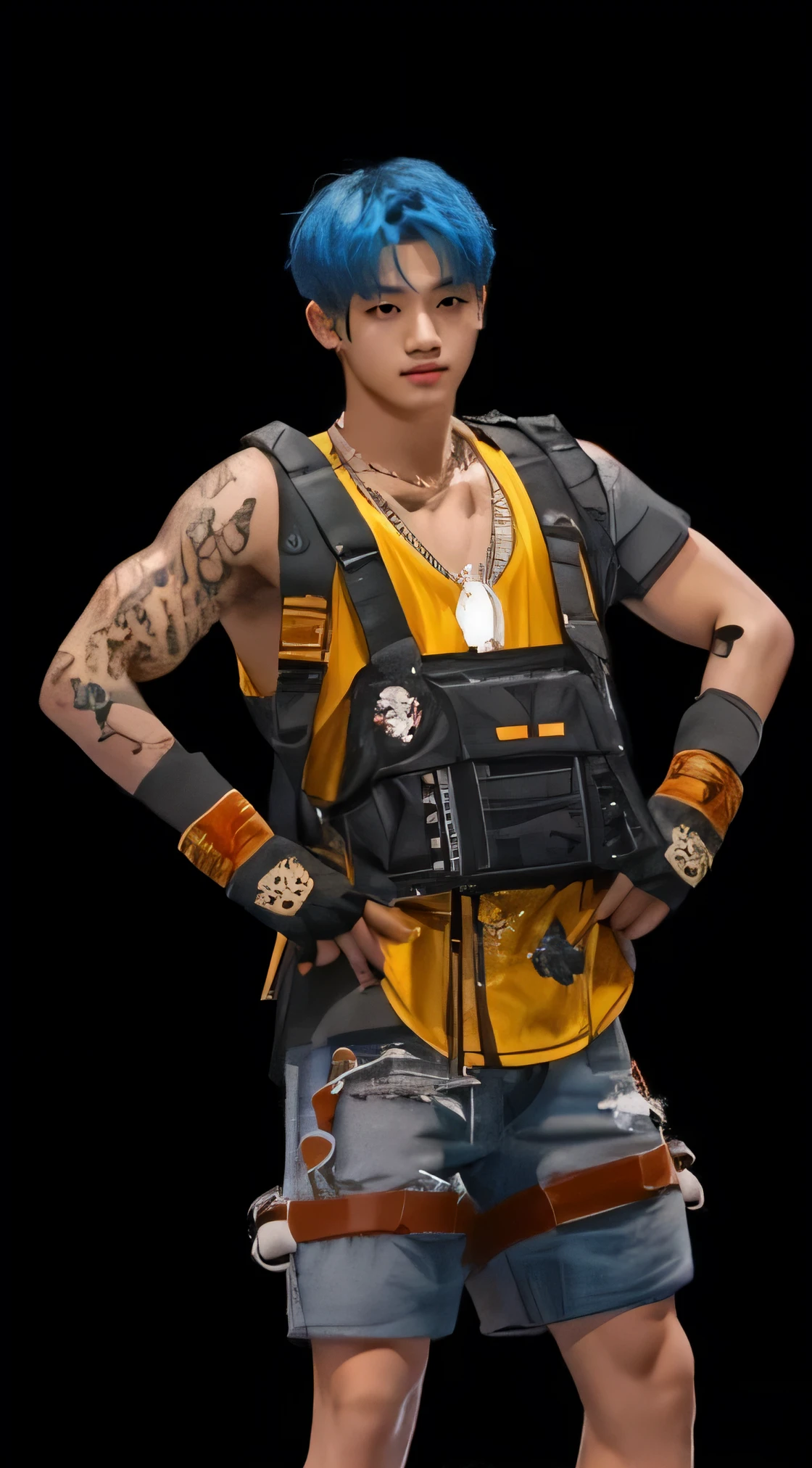 Make Bangchan from the South Korean K-pop group, next to a brunette boy, short  hair, And brown eyes.