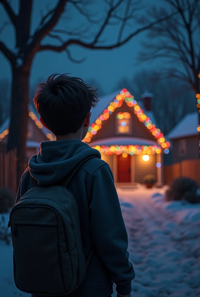Boy with hoodie on and backpack watching a house decorated with Christmas lights from afar at night