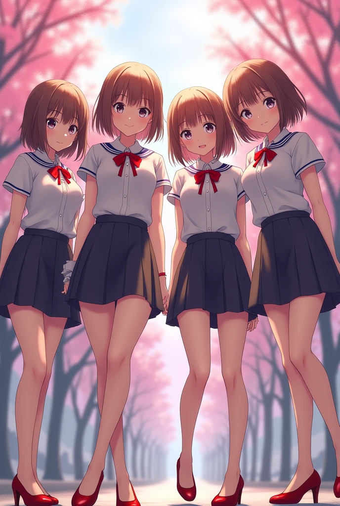 masterpiece, best quality,4 Girls,Young Girls, Plum_Pie Eyes, Brown, choppy bob,envious _Face,Glowing skin,Medium breasts,Beautiful leg lines:1.3,Thick thighs, Thin waist,Uniforms, High Leg Raise,tie,((Pencil Skirt)),Red high heels, Pantyhose, , way_lining_and_bloom_cherry_flowering_Trees,,Looking at the audience,From below,whole body, legupsexms,