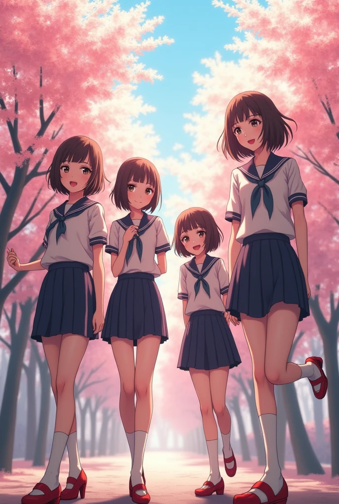 masterpiece, best quality,4 Girls,Young Girls, Plum_Pie Eyes, Brown, choppy bob,envious _Face,Glowing skin,Medium breasts,Beautiful leg lines:1.3,Thick thighs, Thin waist,Uniforms, High Leg Raise,tie,((Pencil Skirt)),Red high heels, Pantyhose, , way_lining_and_bloom_cherry_flowering_Trees,,Looking at the audience,From below,whole body, legupsexms,