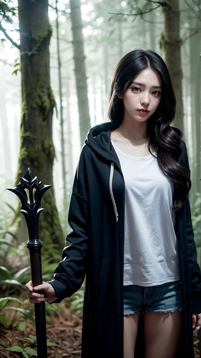 "Create an image of Vex from League of Legends by Riot Games, in her classic gloomy outfit with oversized hoodie, shadowy companion, and magical staff, featuring a dark, yet cute silhouette, having massive k-cups:1.55. She's in a misty forest with twisted trees and dim lighting, in an attractive pose, casting a shadowy spell."