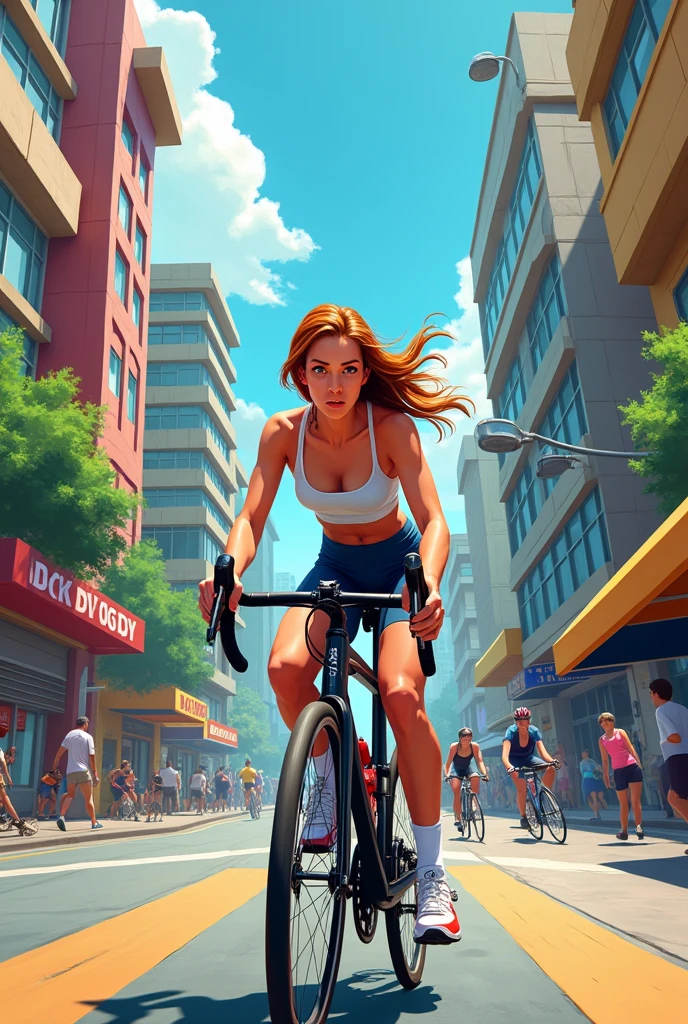 Create a half naked puck girl riding a bicycle on a sunny street , realistic image , 8k