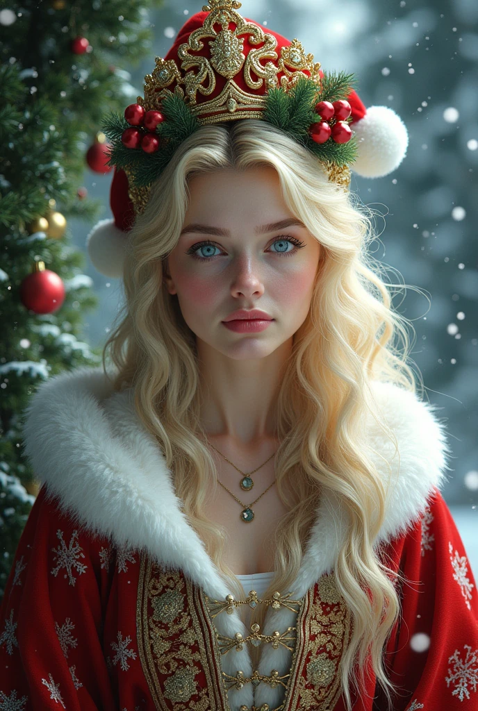 Beautiful portrait of queen, Blonde Hair, Perfect blue eyes, brilliant, impossible striking big Christmas headpiece, Clothes Santa Claus Robe, Everything Christmas, snow, symmetry, Drama Studio Lighting, Rococo, Baroque, Green vegetables, Asia, Surrealism, close up, d&d, fantasy, complex, elegant, Very detailed, Digital Painting, Art Station, Octane Rendering, 8K, Concept Art, Matte, Clear focus