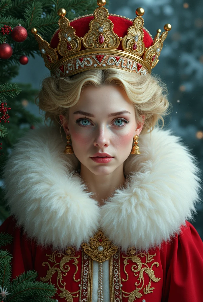 Beautiful portrait of queen, Blonde Hair, Perfect blue eyes, brilliant, impossible striking big Christmas headpiece, Clothes Santa Claus Robe, Everything Christmas, snow, symmetry, Drama Studio Lighting, Rococo, Baroque, Green vegetables, Asia, Surrealism, close up, d&d, fantasy, complex, elegant, Very detailed, Digital Painting, Art Station, Octane Rendering, 8K, Concept Art, Matte, Clear focus