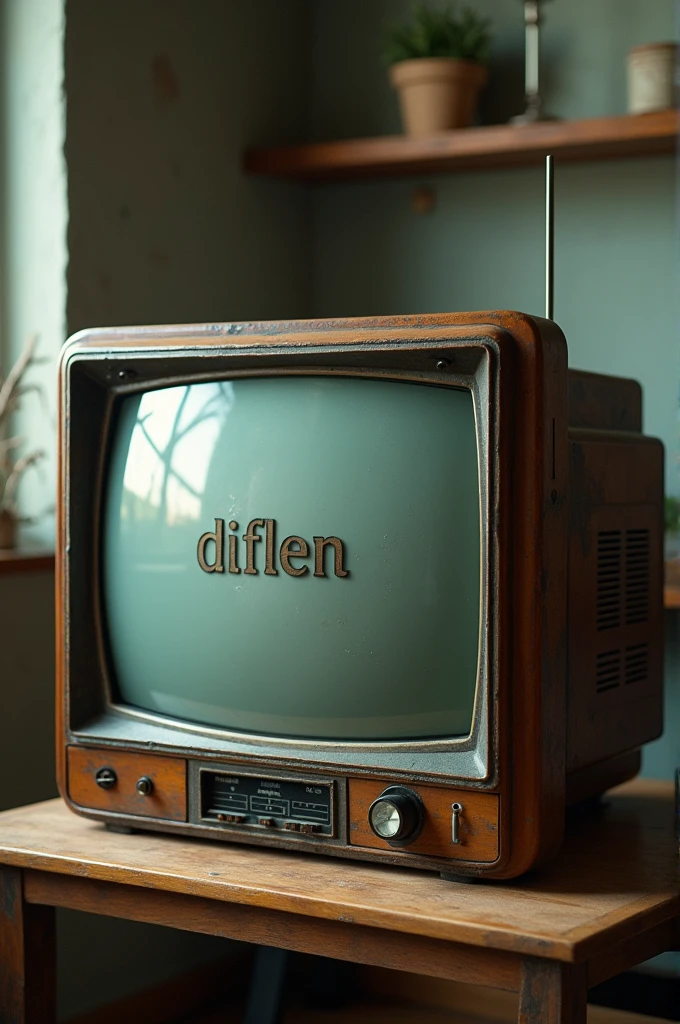 An old rectangular television on the table with the name diflen written on it