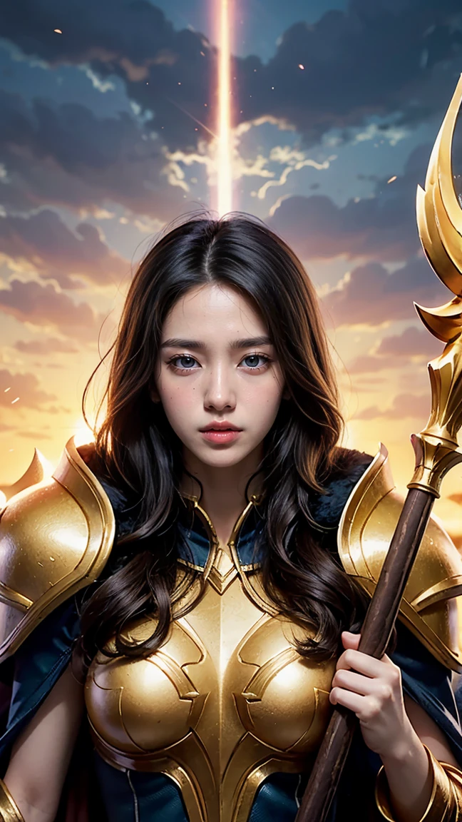 "Illustrate Vex from League of Legends by Riot Games, in her Dawnbringer skin, with radiant, golden armor and a celestial staff, featuring a majestic, yet melancholic design, having massive k-cups:1.55. She's in a heavenly realm with glowing clouds and beams of light, in an attractive pose, reluctantly embracing her power."


