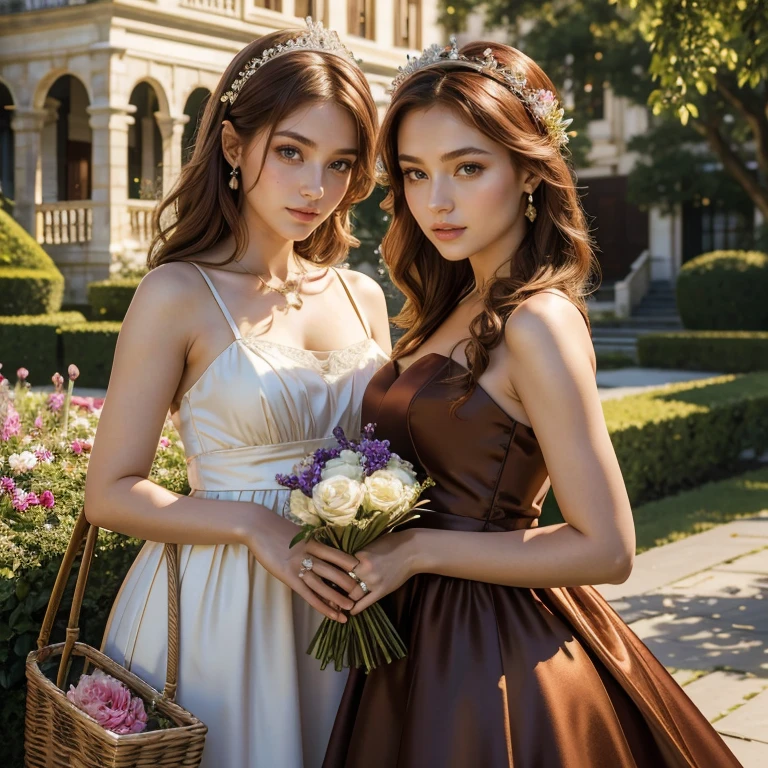A very beautiful and stylish Iranian lady in a lace dress with a rose design, with long light brown hair, beautiful glasses and shiny brown high-heeled women's high-heeled shoes, with a charming smile, light pink nail polish, a heart-shaped necklace and a golden bracelet, in a garden of  Beautiful roses, holding a shiny metal heart with a combination of gold and silver colors and a shiny wreath, that shine in the sunlight.