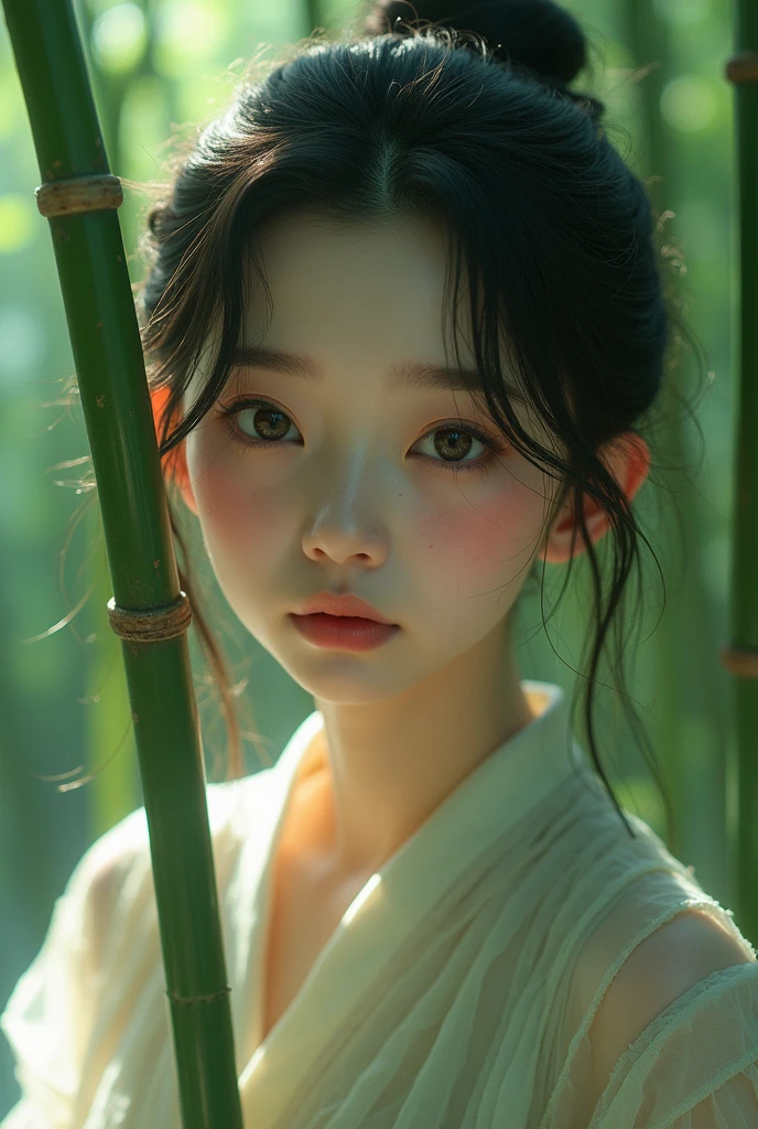 masterpiece, best quality, Soft lighting, absurd, 1 Girl, Focus only, Skin blemishes, Skin Indentation, Perfect face, Facial swelling, Pretty Face, big eyes, Puffy eyes, Perfect eyes, eyelash, Hu Tao (Genshin Impact) from Genshin Impact, outdoor, bamboo forest, 8K, Ultra HD, HDR, (masterpiece:1. 5), (best quality:1. 5)