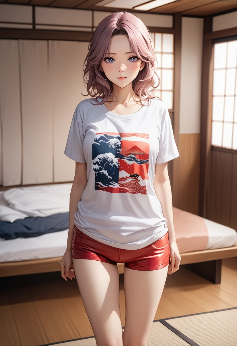 (((masterpiece))),(((high resolution)))、(((8K)))、(((Perfect face)))、(((The Beauty of Japan)))、40 years old、(((Pretty Face))), (((Girls' room))), (((t-shirt))), ((Hot Pants)), ((Tights)), Embarrassed look, Look at the camera, High quality eyes, Detailed texture, Look at the camera, whole body, Large target , Married woman, Cool Woman