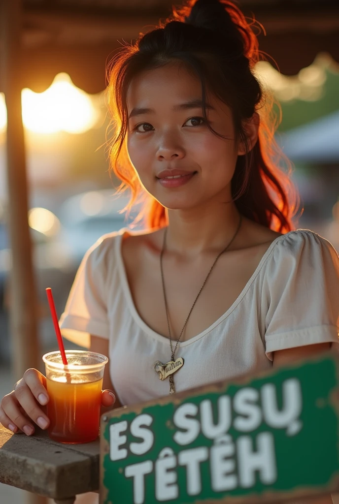 vierealistic photo shows a 23 year old Sundanese girl selling iced tea. She was wearing a knee-length white house dress, chubby, her hair was dyed slightly reddish, tied in a ponytail, wearing a necklace that said "putra" She was in a simple booth that was marked "ES SUSU TETEH" in big letters and spelled correctly. Late afternoon atmosphere, illuminated by the setting sun. very detail.