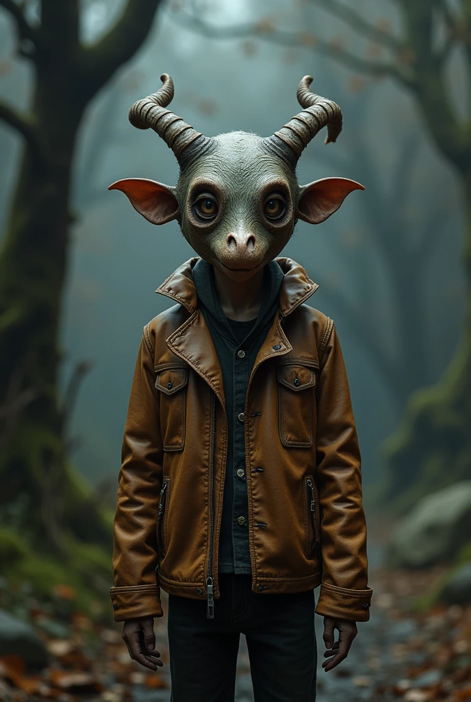 "Depict Wybie Lovat, a peculiar and shy boy, wearing a brown leather jacket and a quirky mask. The image should be in the style of dark fantasy and dark crystal, with a suspenseful atmosphere and 80s practical effects, showing his nervous yet loyal stance."