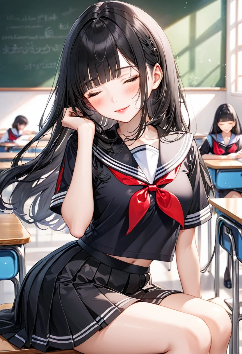 (immensely beautiful style), (15 yo) (beautiful blunt bangs:1.3) (beautiful pastel black hair very long hair) (immensely beautiful girl) (detailed sexy closed eyes) (sexy smile, glossy lip), in a detailed black summer school sailor clothes, red neckerchief, black skirt, break, in the School classroom, background many students, BREAK, perfect anatomy, masterpiece, best quality, 16k, beautiful detailed grow, daydreaming expression.