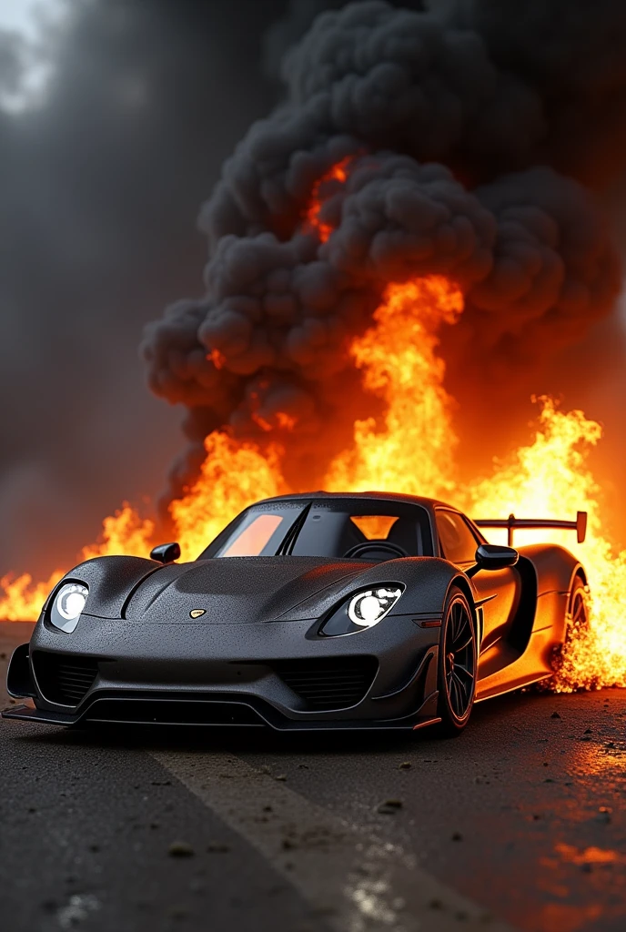 Porsche 918 spider on fire with black smoke engulfing the car and showing it burned and damaged by the fire, recreating a legendary photo that looks realistic