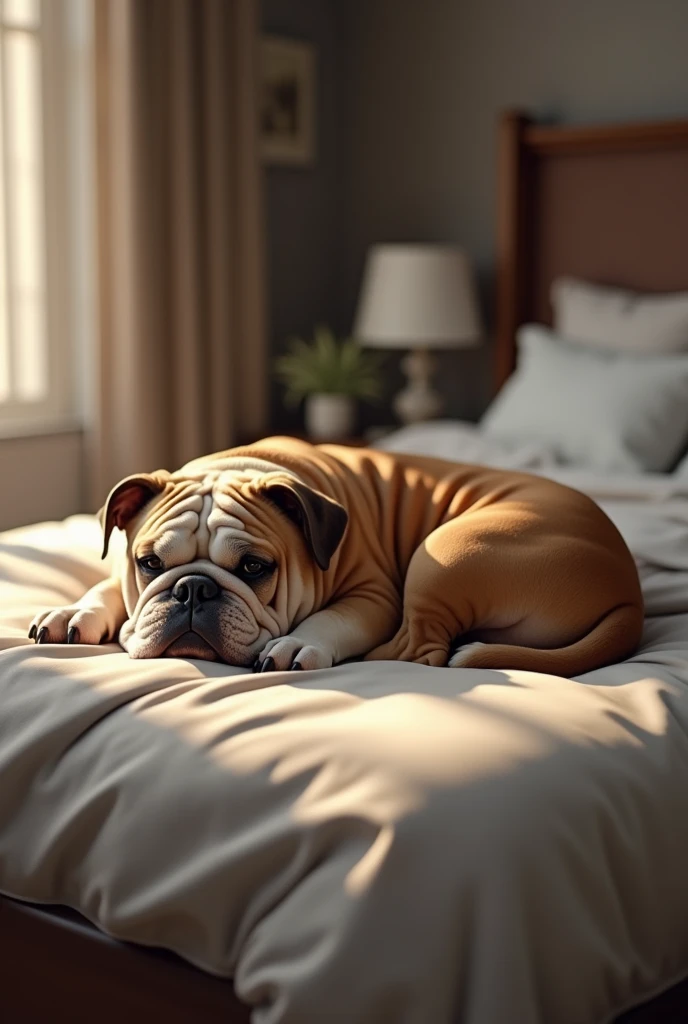 Bulldog sleeping on king size bed