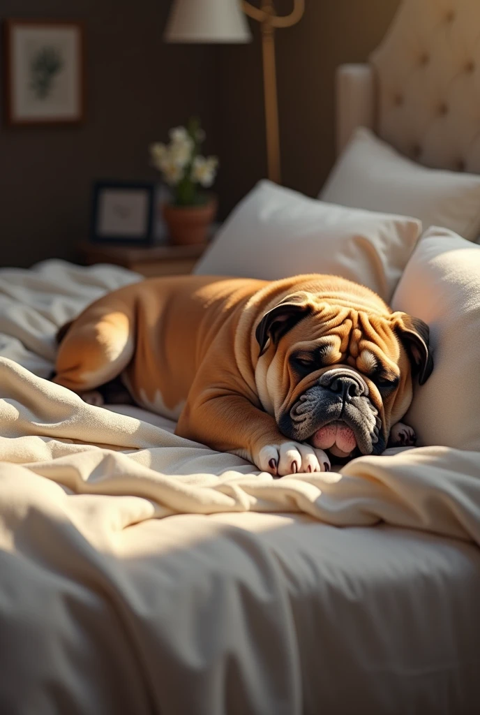 Bulldog sleeping on king size bed