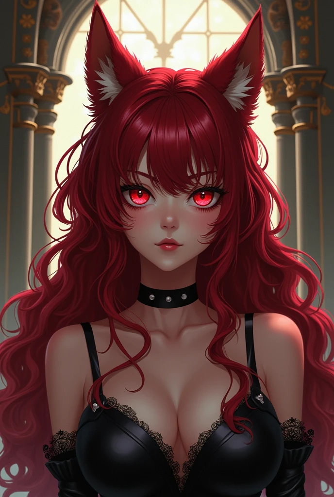 Anime woman with long red curly hair wolf ears and red eyes in a castle