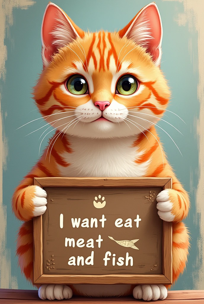 (masterpiece),(Highest quality:1.1),(Very detailed),Best illustrations,In detail,(Portraiture:1.1),Cat and placard、「I want to eat meat and fish」、A board with the words、