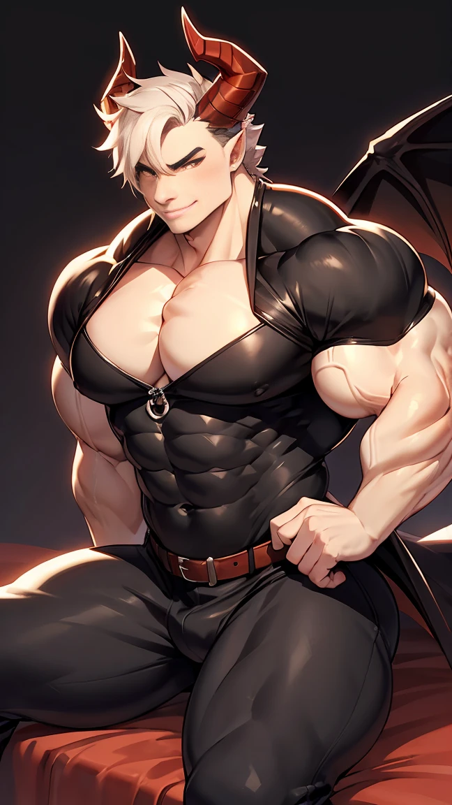 Huge muscles,Devilish wings,Devilish horns,Sexy Boy,black costume,