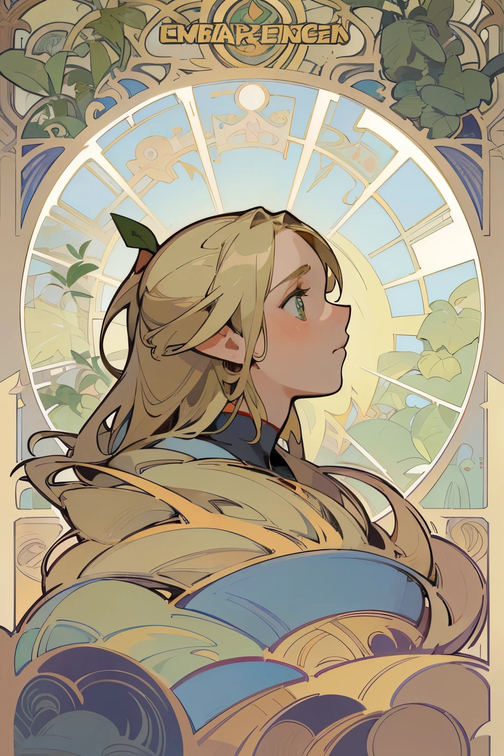 8K.Alphonse Mucha style poster illustration, Graphics,  Blonde, ,Slim,Art Nouveau, Plants in the background,  masterpiece, Alphonse Mucha, High Detail,Looking at the upper right corner，look up，Profile，Profile
