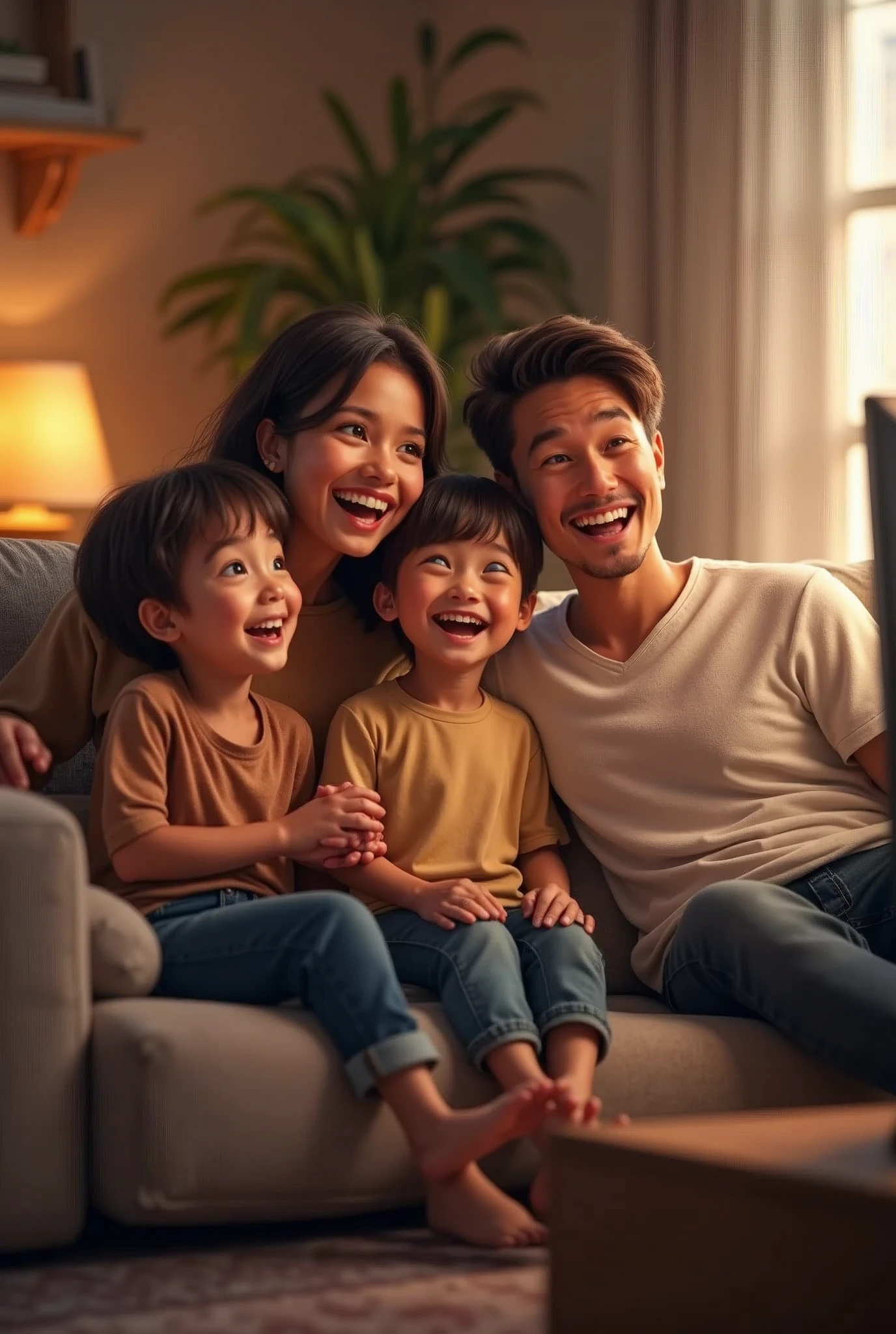 Make a family on the couch laughing while watching TV