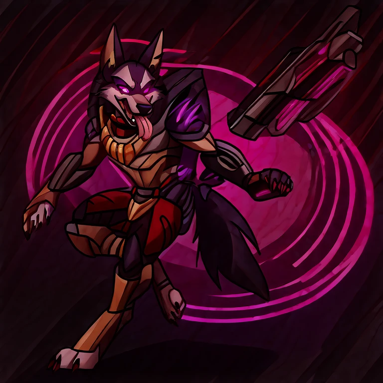 (masterpiece, best quality:1.2), Vortex Anubis hellhound, wolf, furry, helluva boss, hypnotized with glowing purple eyes, tongue out, wearing predator futuristic armor, using a Pulse Rifle, Energy Rifle, Futuristic assault rifle, dancing ridiculously