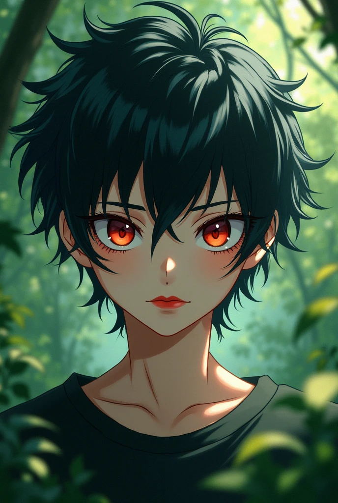(masterpiece:1.2) (best quality) (detailed),1 boy,Solitary,Son of a Man,, rimuru tempest, LRD1, external, Forest fashion,Red lips,