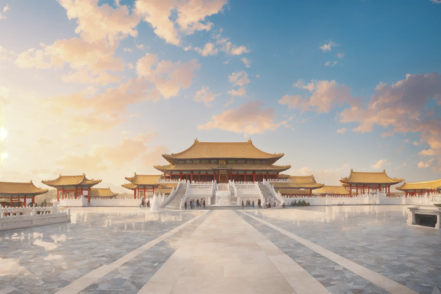 A majestic Heavenly Kingdom inspired by Chinese mythology, viewed through a grand red gate adorned with golden dragon-shaped studs. The Jade Palace, reminiscent of traditional Chinese imperial architecture, stands at the center, with golden tiles on its pagoda-style roof and intricate carvings of clouds and dragons. The pathway leading to the palace is wide and paved with polished jade stones, surrounded by elegant terraces. The background features celestial mountains with snow-covered peaks and cascading silver waterfalls. The entire scene is bathed in a warm, golden light from a radiant, never-setting sun, with floating clouds adding an ethereal atmosphere, making the kingdom look truly divine.