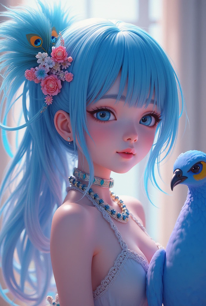 Girl with blue-pink hair and peacock feathers, Inspired by Cheng Liyanjun, CG Society, 🌺 Anime style. 8K, Anime style 3D, Popular on cgstation, 8K high quality detail art, guvez style artwork, Fantasy art style, Realistic anime 3D style, Anime inspiration, Anime style mixed with Fujifilm