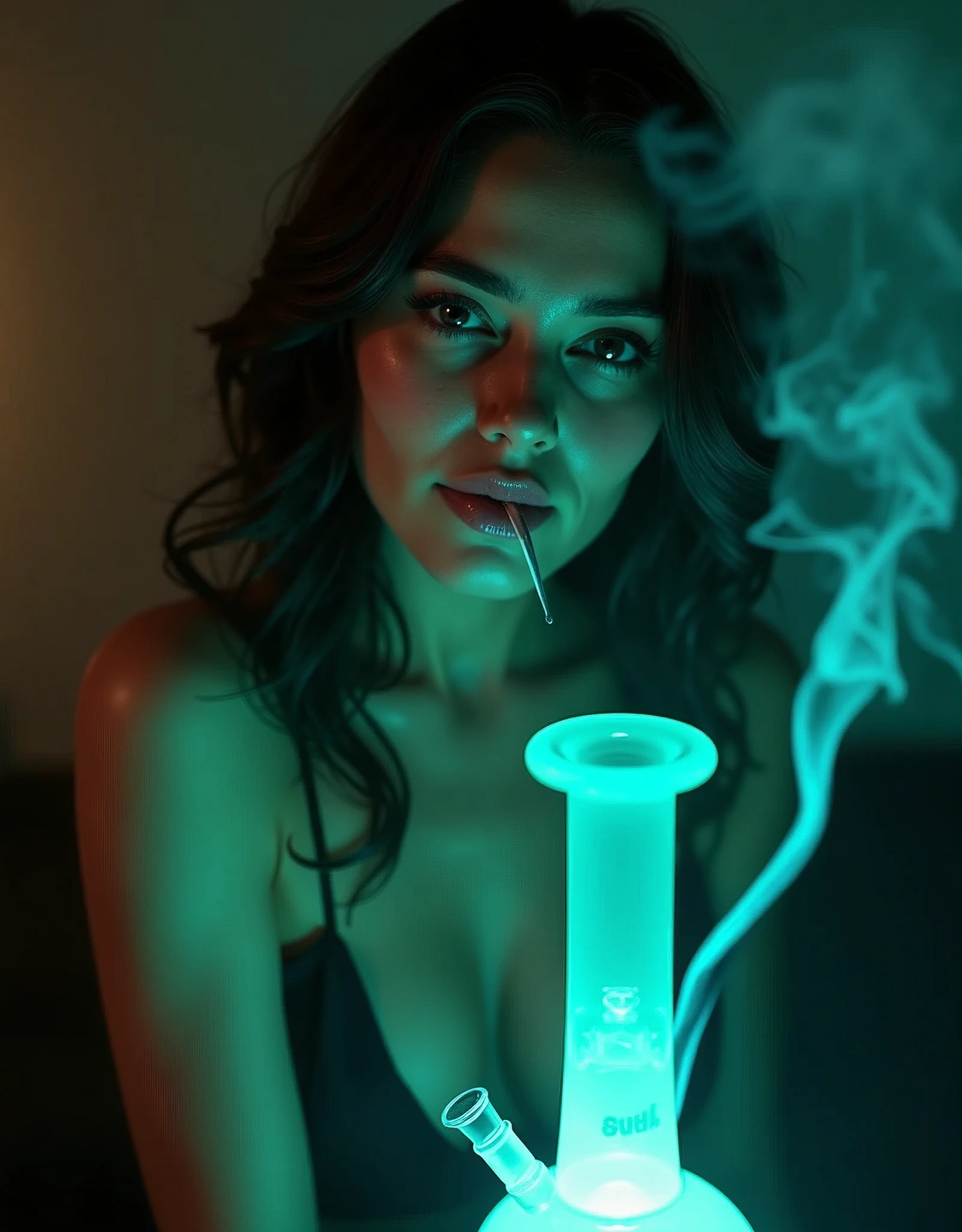 A mystical femme fatale poses confidently, front and center, as she effortlessly hits the glass bong, exhaling wispy tendrils of smoke that seem to defy gravity. Her gaze is fixed on the viewer, a sly smile dancing across her lips as she dabs, releasing a hypnotic cloud of vapor into the air. The magical bong glows softly in the dimly lit setting, casting an ethereal ambiance around the enchantress. With eyes aglow and smoke swirling out from between her lashes, this captivating sorceress embodies the essence of #smokeweedeveryday, retina, accurate, masterpiece, super detail, high details, best quality, award winning, highres, HD, 4K, 8k, 16k, retina, accurate, masterpiece, anatomically correct, textured skin, super detail, high quality, award winning, highres, 8k, 16k