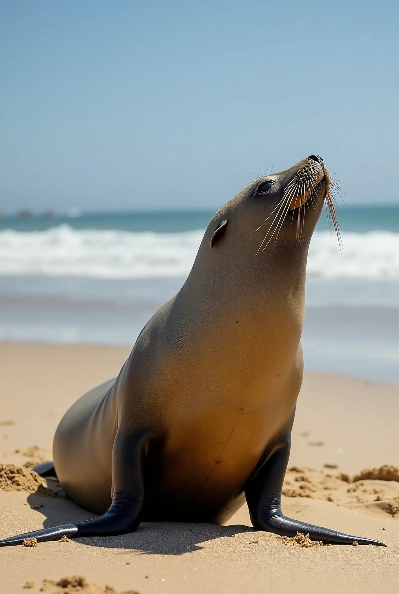 A sea lion is sitting on the sun-drenched beach sand, its head tilted back slightly and its eyes closed, enjoying the sunlight. There is a bit of sand stuck under its body, and it is seen completely from the side.