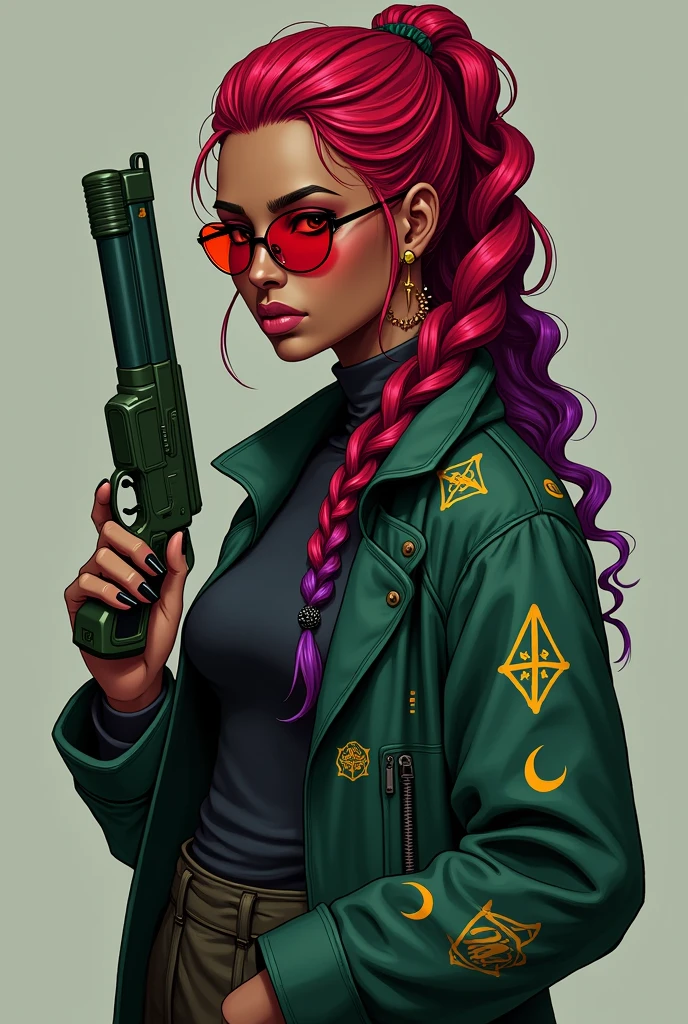 a female character in 2d cyberpunk style, A 28 year old woman, dark brown skin, eyes on black color, serious eyebrows. her hair is long, curly and bright red with purple highlights at the ends, tied in a braid that falls over her shoulder, wears a thick dark green jacket with strange symbols scattered randomly, bright golden in color. wears a turtleneck blouse tucked into the jacket. red protective glasses on the eyes. a small hoop earring in her right ear and has some scars on her face and neck. holds a green colored shotgun, your nails are long with black polish. 
