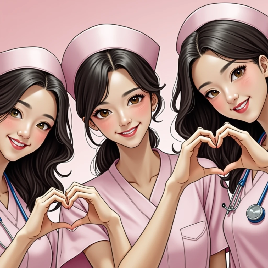  photograph, three smiling beautiful Korean female nurses wearing pink scrubs making heart shape with hands, beautiful detailed face, black hair, pale skin, fair skin, realistic skin, detailed cloth texture, detailed hair texture, Perfect proportion, Beautiful Face, accurate, Anatomically correct, Highly detailed face and skin texture , looking at viewer , modern hospital building, perfect anatomy