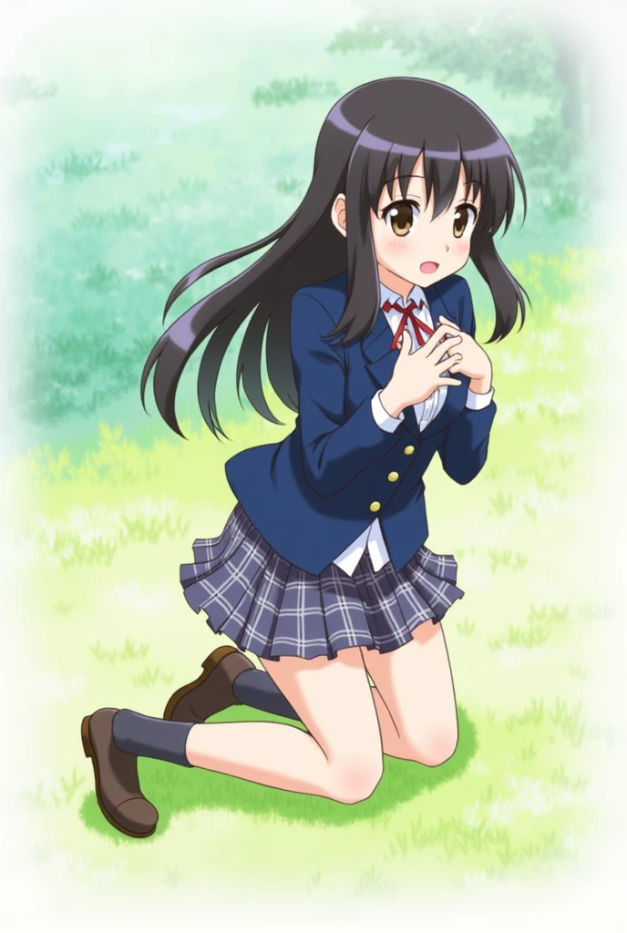 1 Girl, nakiri it has, Kneel down, High Leg Raise, navy High Leg Raise, jacket, Plaid skirt, Hands on breasts, outdoor, Japanese cartoons_Screenshots_it has