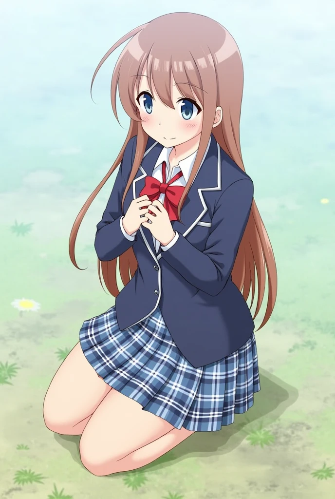 1 Girl, nakiri it has, Kneel down, High Leg Raise, navy High Leg Raise, jacket, Plaid skirt, Hands on breasts, outdoor, Japanese cartoons_Screenshots_it has