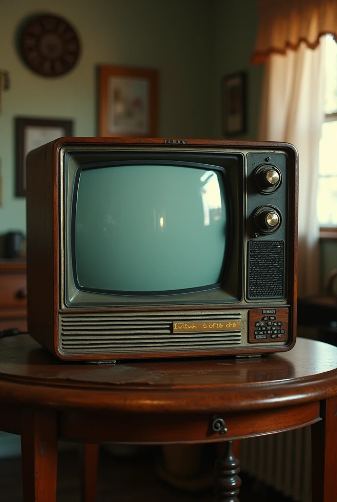 An old rectangular television centered on the table with the name diflen written on it