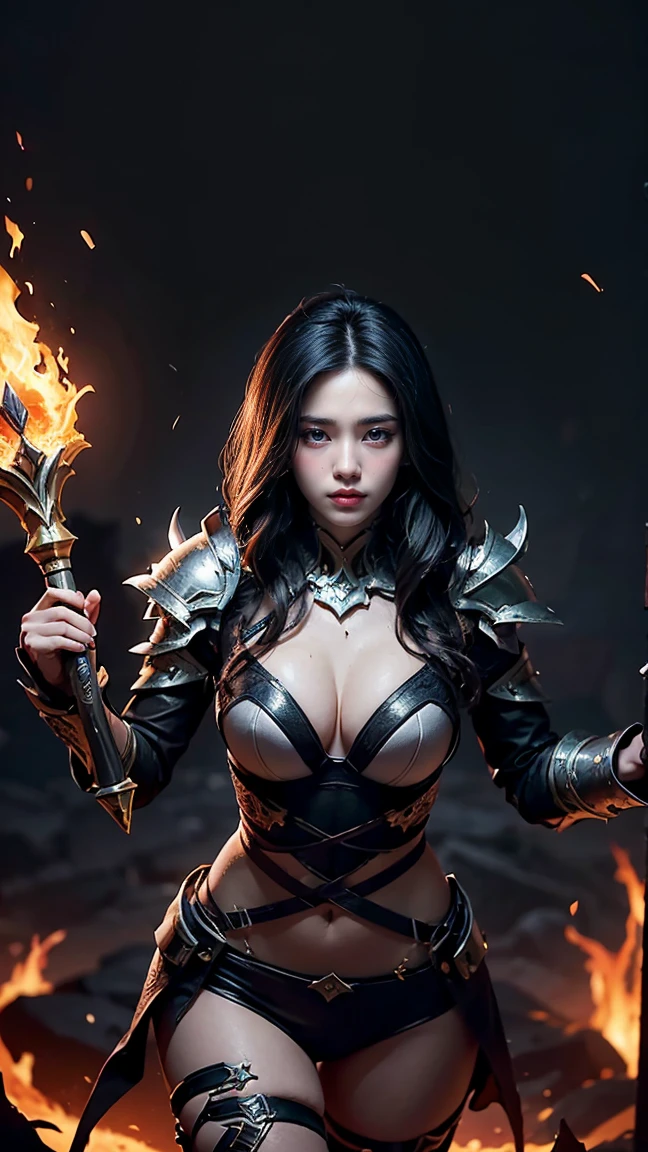 "Illustrate Vex from League of Legends by Riot Games, in her Nightbringer skin, with demonic, shadow-infused armor and a sinister staff, featuring a terrifying, yet alluring look, having massive k-cups:1.55. She's in a dark, fiery underworld with lava and shadows, in an attractive pose, commanding the darkness."